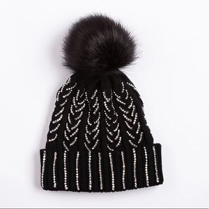 Black knit winter beanie with rhinestones & Pom pom
